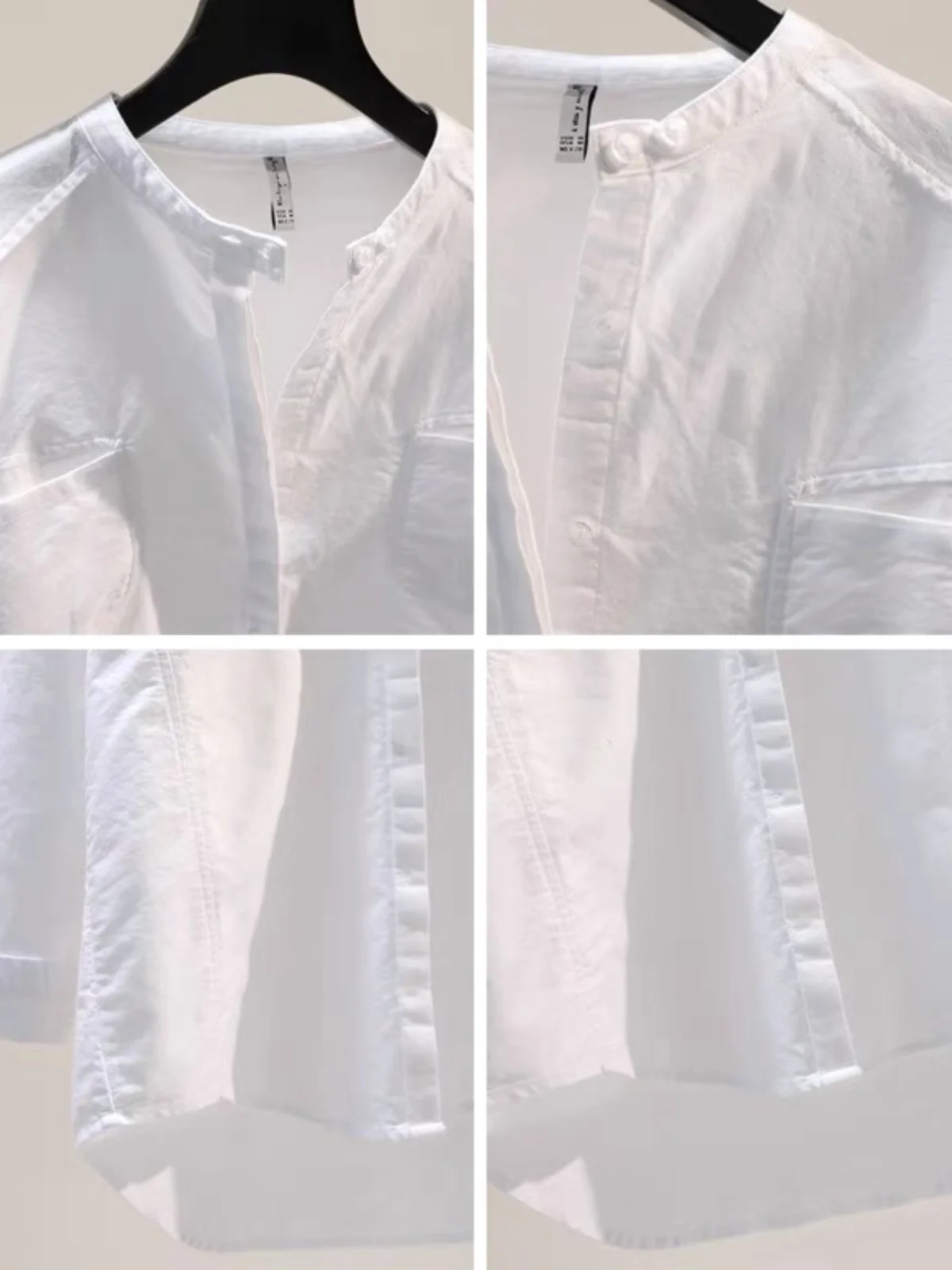 Luźna koszula damska z czystej bawełny, stójka, biała, luźny krój, moda damska, letnia, długa, zapinana na guziki.