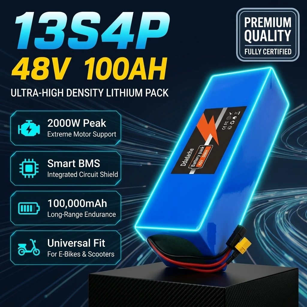 48V 60000mAh 60Ah 13S4P 18650 Lithium-Akku-Pack mit BMS und 1000W, geeignet für Kugoo M4/M4 Pro/Max Speed Elektro-Smart-App-Scooter-Akku, mit wasserdichtem Gehäuse