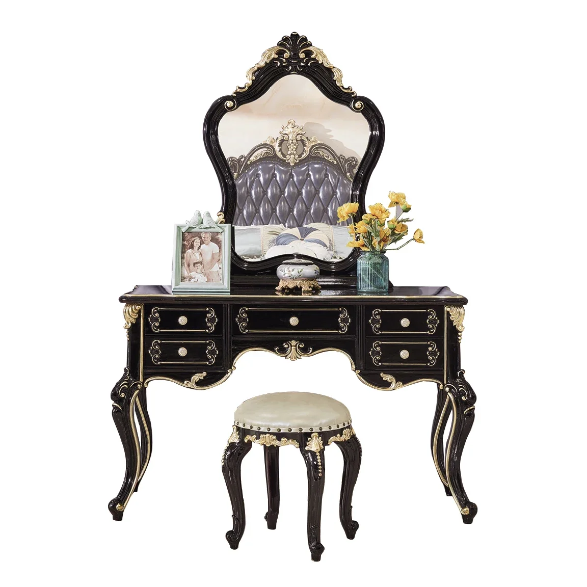 

European Style Ebony Wood Carved Dressing Table With Vanity Mirror Girls Dressing Table With Drawers