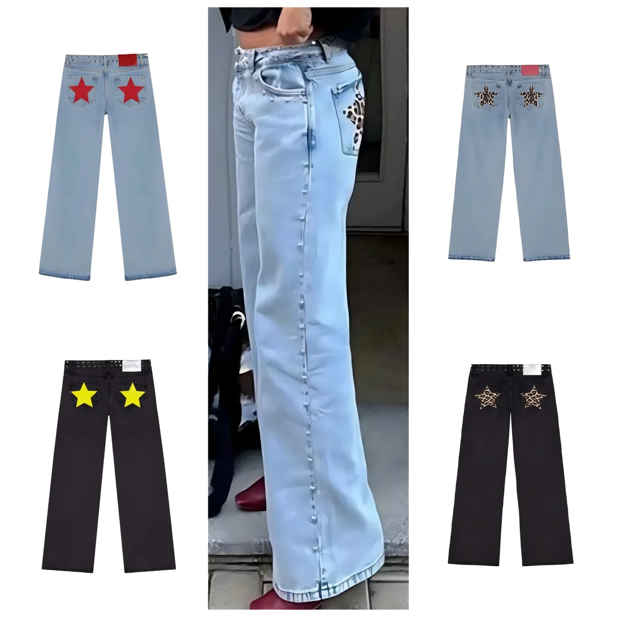 

Испанская мода, красочный пятиконечный звездный узор, украшение с заклепками, светло-голубые джинсы, женские осенние уличные костюмы в стиле хип-хоп