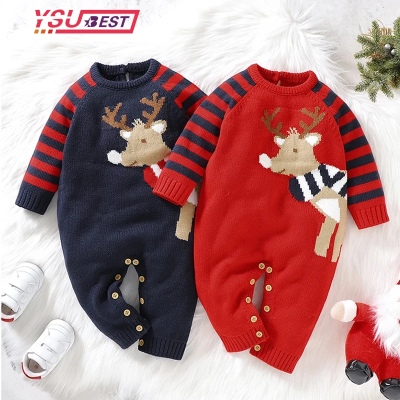 New Year Bodysuit New Christmas Knit Rompers Knit Scarf Deer Autumn Baby Boys Girls Rompers Long Sleeve Newborn Infant Jumpsuit