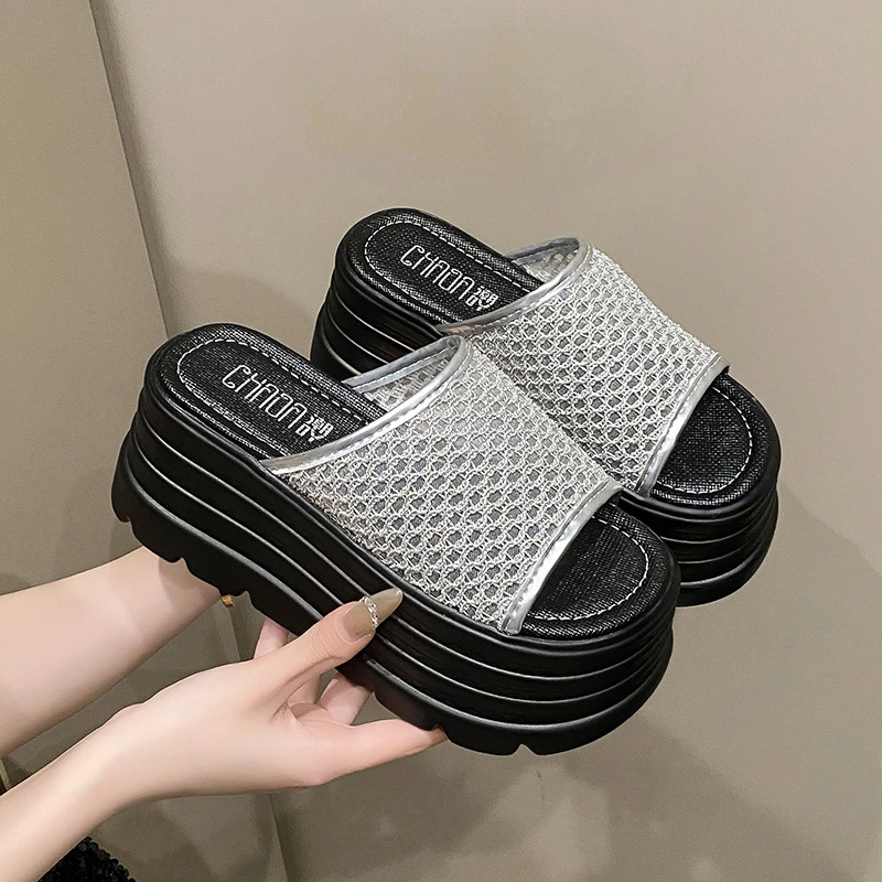 

Женские летние женские дышащие тапочки на высоком каблуке 8 см, массивные кроссовки, сандалии на танкетке, шлепанцы, обувь Zandalias De Mujer