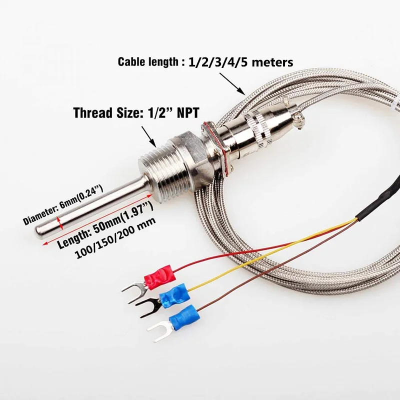 Sensor de temperatura RTD PT100 Sonda de 50~200 mm Roscas NPT de 1/2" con cable de 1~5 m -58 ° F-572oF Impermeable y a prueba de aceite anticorrosión