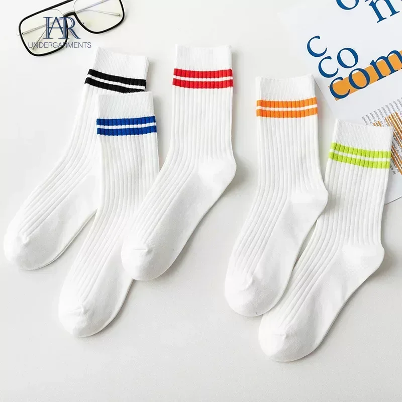 Rainbow Striped Cotton Socks Women Fashion Striped Sport Socks Soft Breathable High School Students Cotton Long Socks Women