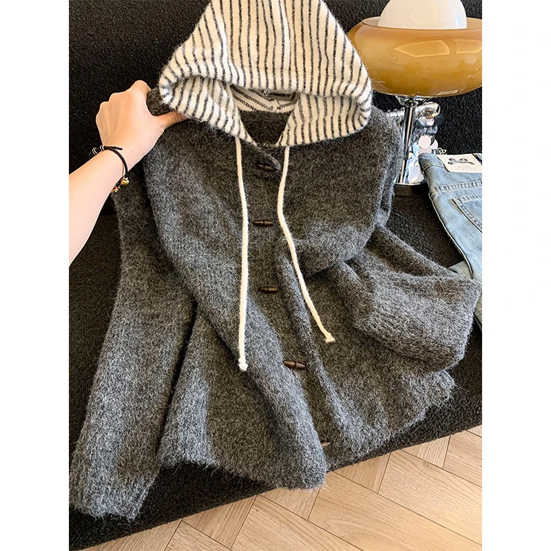 

Vintage Hooded Knitted Cardigan Women Harajuku Striped Patchwork Sweater Outerwears Winter Korean Knitwears Casual Jumpers New