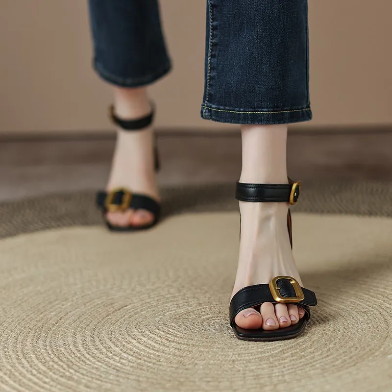 

Ankle Strap Vintage Gladiator Sandals for Women Open Toe High Heels Sandalias De Mujer Belt Buckle Square Heeled Women Pumps