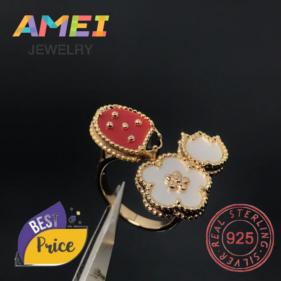 

2024 New European and American S925 Silver Insect Clover Flower Ring Couple Gift Simple Fashion Commemorative Day Gift