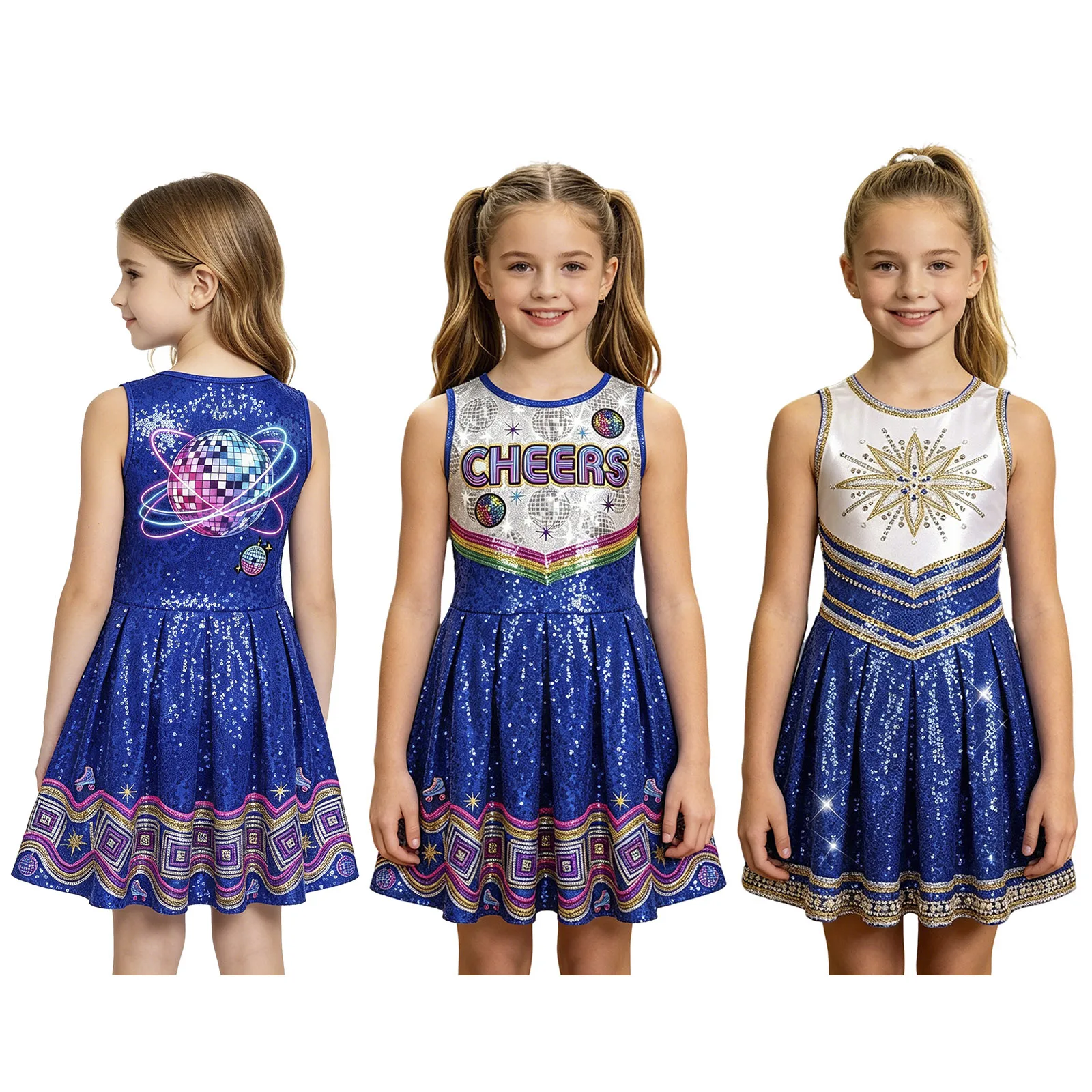 School Girls Cheerleading Dress Shiny Sequin Cheerleader Dance Costume Sleeveless Aline Swing Ruffle Dress Sports Chheer Uniform