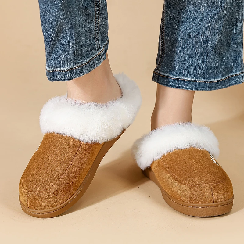 Fluffy Furry Flat House Slippers Women Closed Toe Plush Lined Cotton Shoes Woman Winter Cozy Warm Indoor Home Slippers with Fur