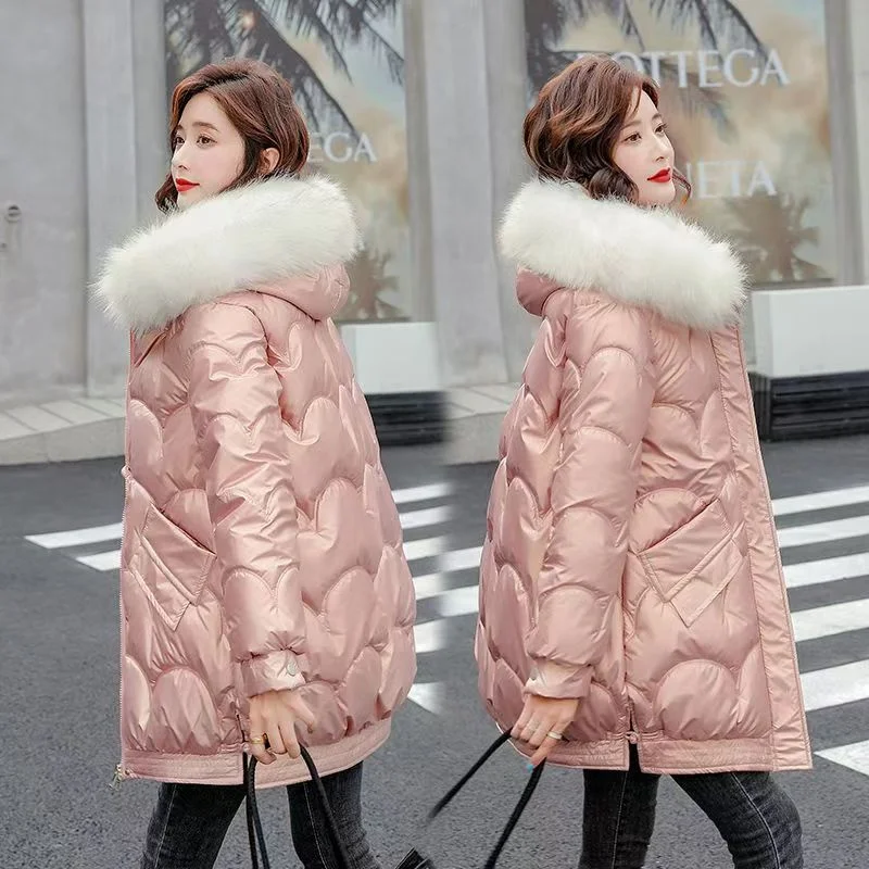 Bright Wash-free Cotton-padded Coat Women's Winter 2024 New Cotton-padded Big Fur Collar Thickened Fashion Of The Long Coat Tide