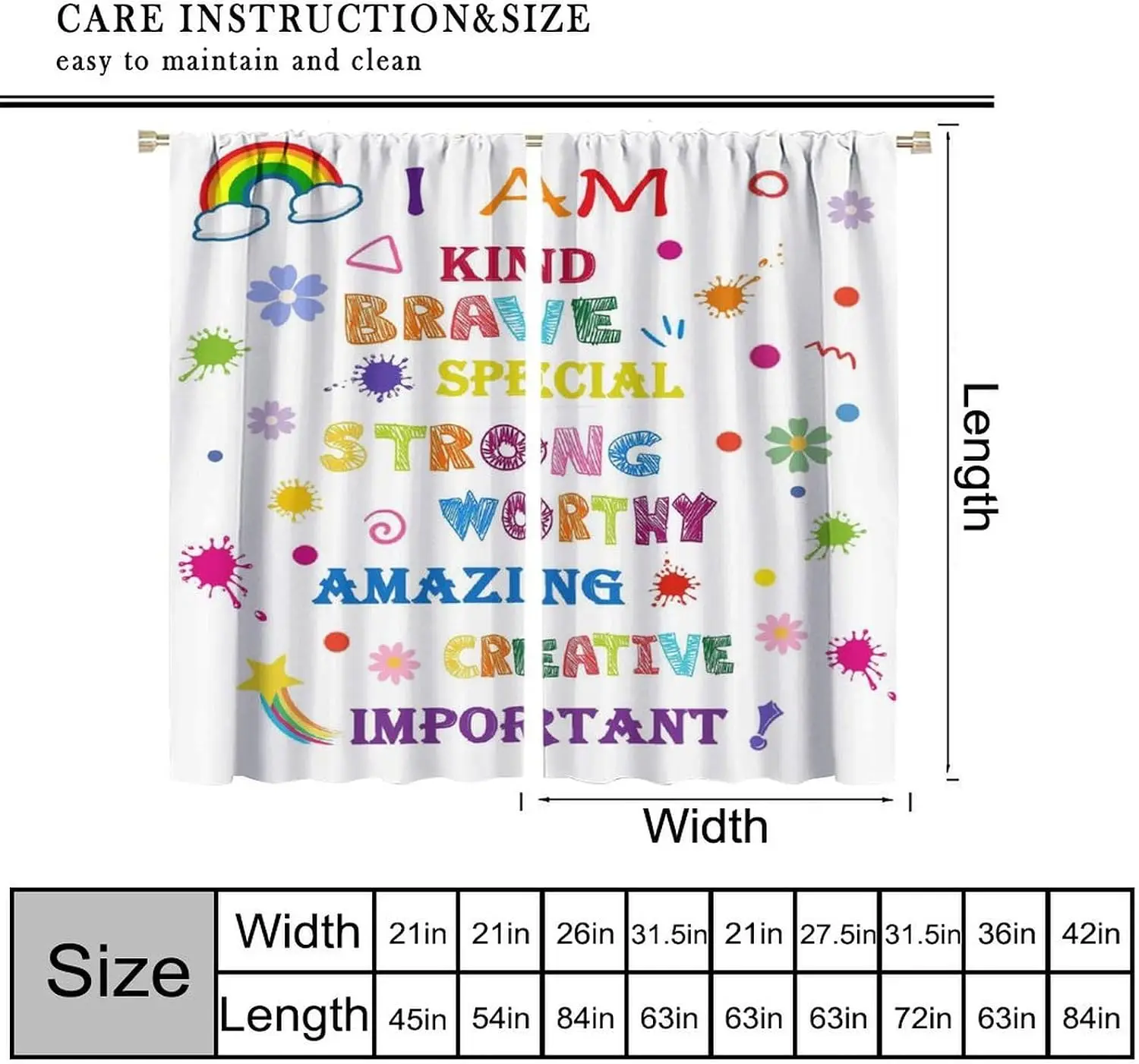 Colorful I Am Brave Strong Special Worthy Amazing Creative Important Affirmation Curtain Window Drapes Sheer Light Filtering Hom