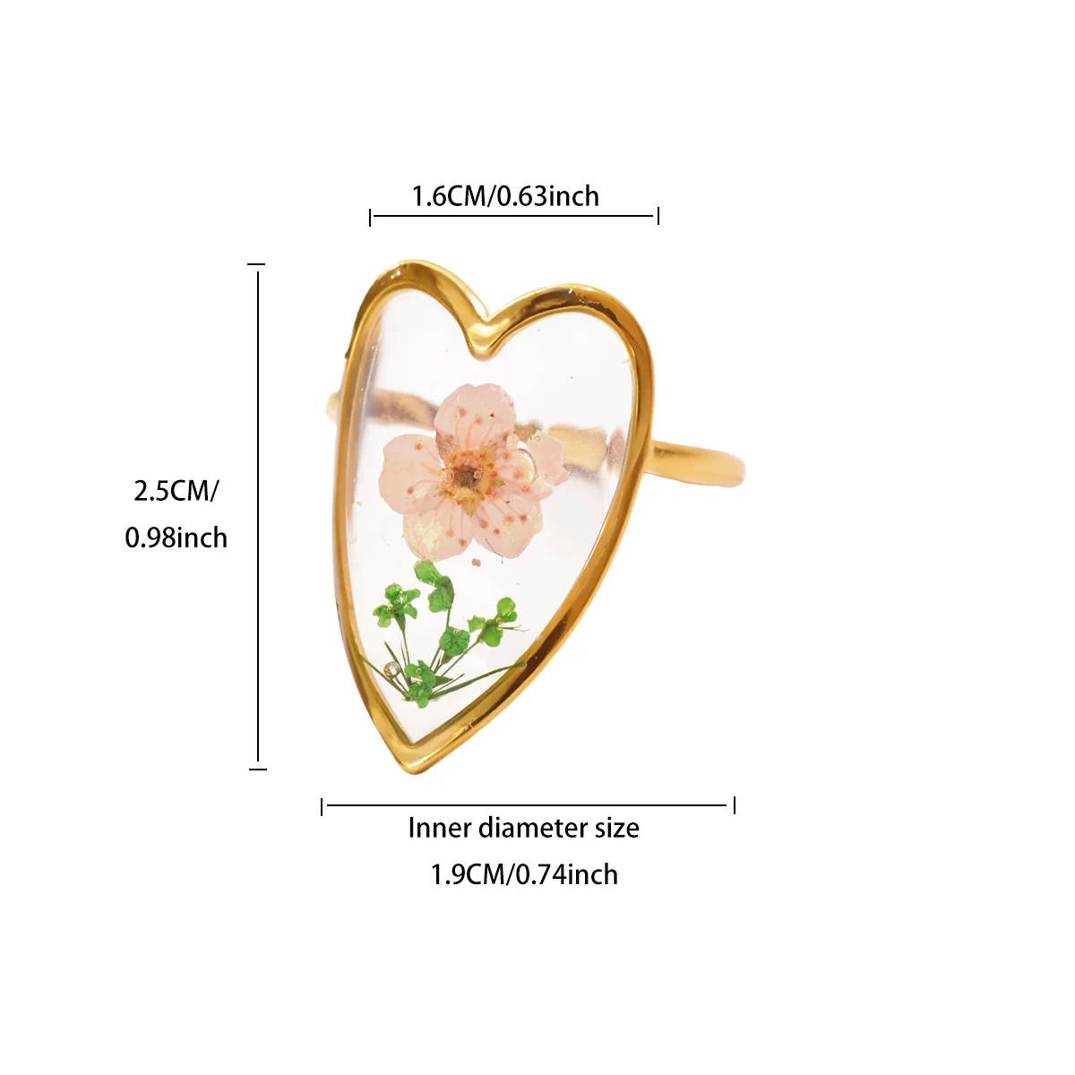 Elegante geometrische Herzringe aus Kunstharz für Frauen, goldfarben, Edelstahl, rosa Blumenmuster, Ring, Party, Hochzeit, Schmuck, Geschenk – Detail 2