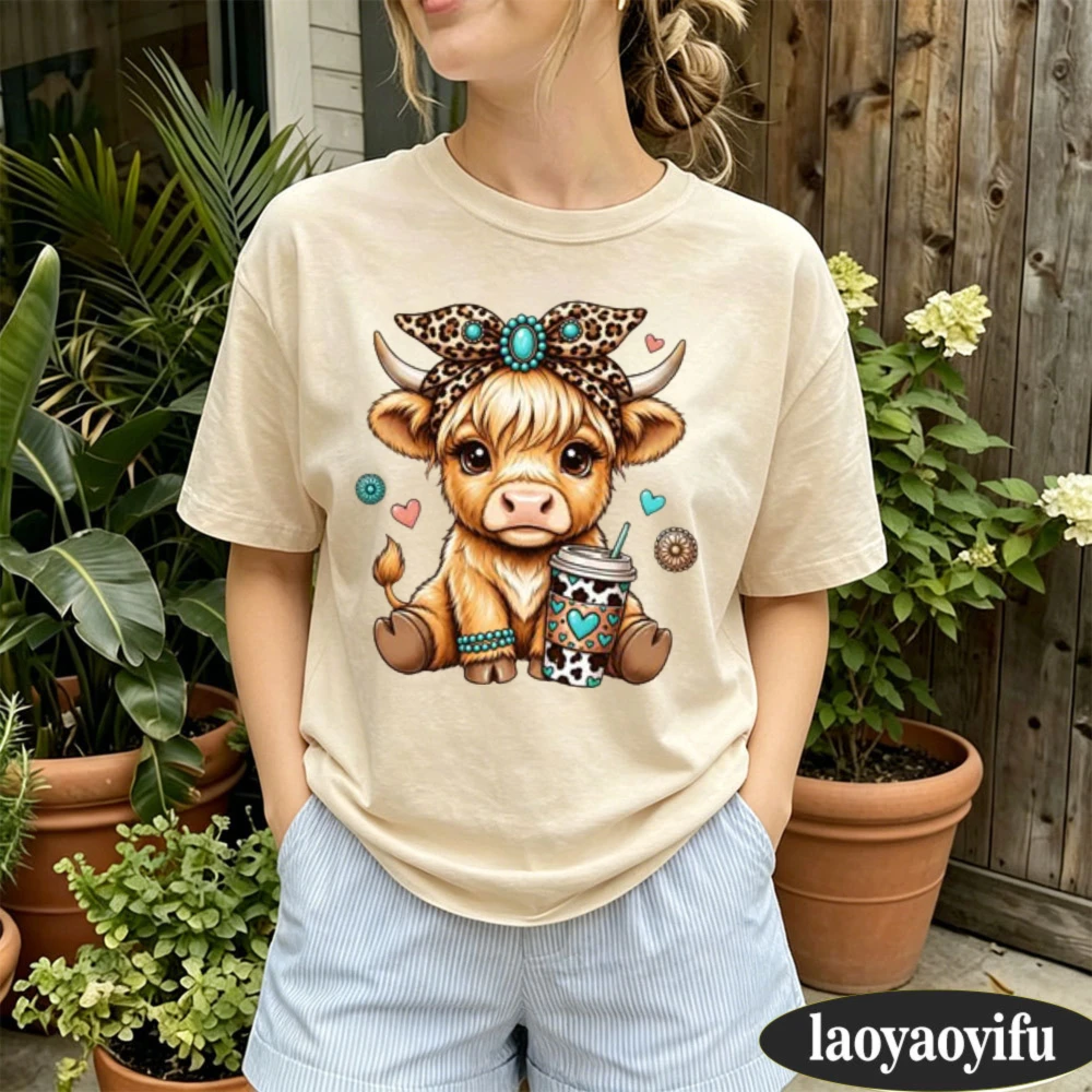 Cute Highland Cow Leopard Bow Iced Coffee Art Women Summer Short Sleeve Cotton Tee Western Country Farm Animal Lover Casual Tee