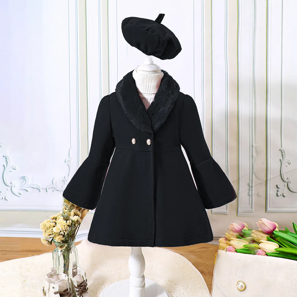 Mädchen-Herbst-Wintermantel, neue einfarbige Jacke für Mädchen mit Baskenmütze, warme, mittellange Oberbekleidung für Herbst und Winter. – Detail 3