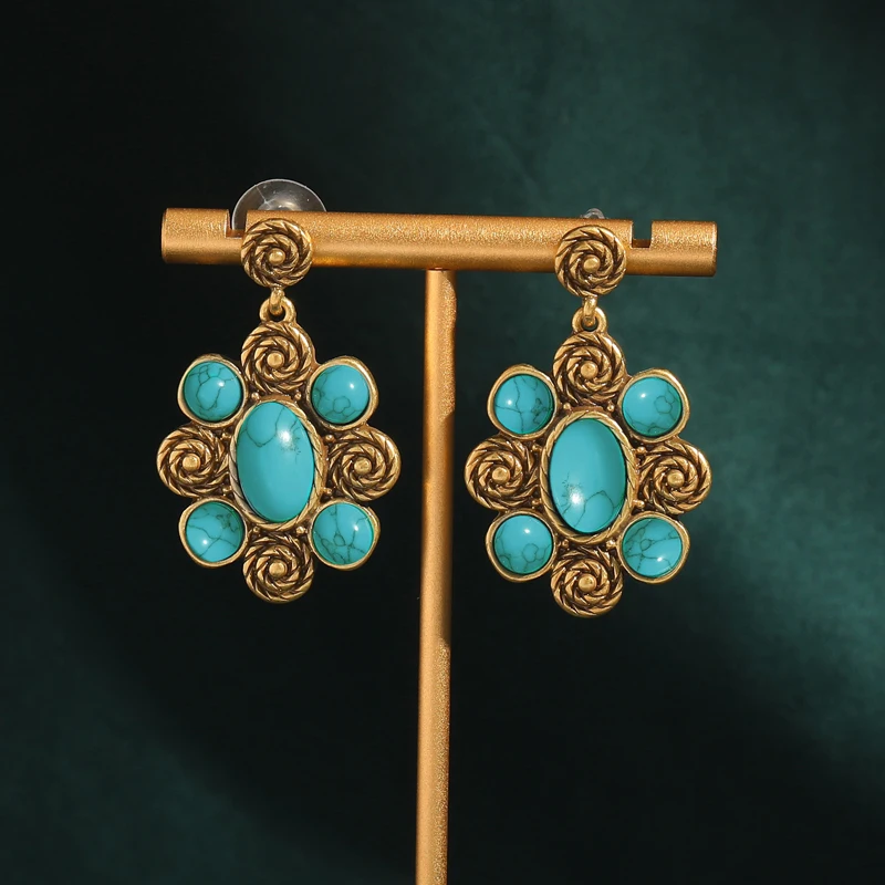 

Vintage Blue Turquoise Oval Earrings Drop Charm Antique Gold Color Retro Luxury Quality Jewelry Summer Designer 2026 New Trends