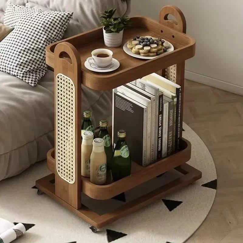 Rattan side table with wheels 2-story living room corner cart