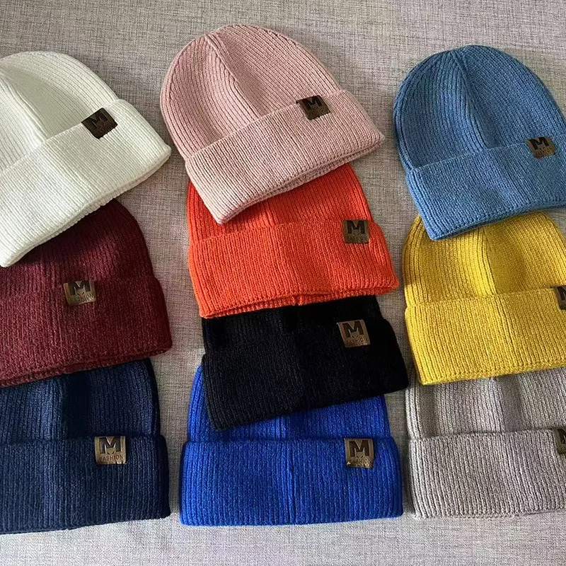 Autumn Winter Knitted Beanies Hat Women Label Letter M Solid Warm Outdoor Best Matched Skullies Bonnets Cap Men Female Gift