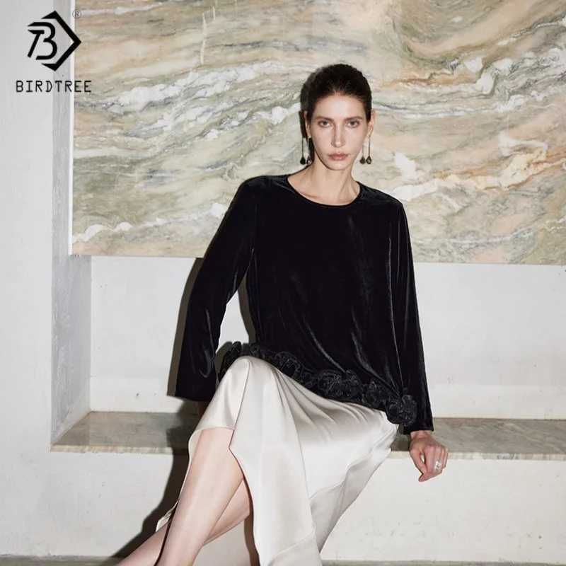 

Birdtree,Base Fabric 100% Silk Velvet Blouse,Women's O-neck Wave Hem Pullover,Elegant Loose Shirt,2025 New T5D829JF