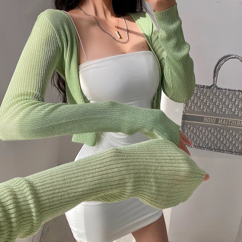 

Сексуальный облегающий вязаный открытый кардиган Long Sve Ультратонкая солнцезащитная верхняя одежда с v-образным вырезом для молодых девушек Женская мода