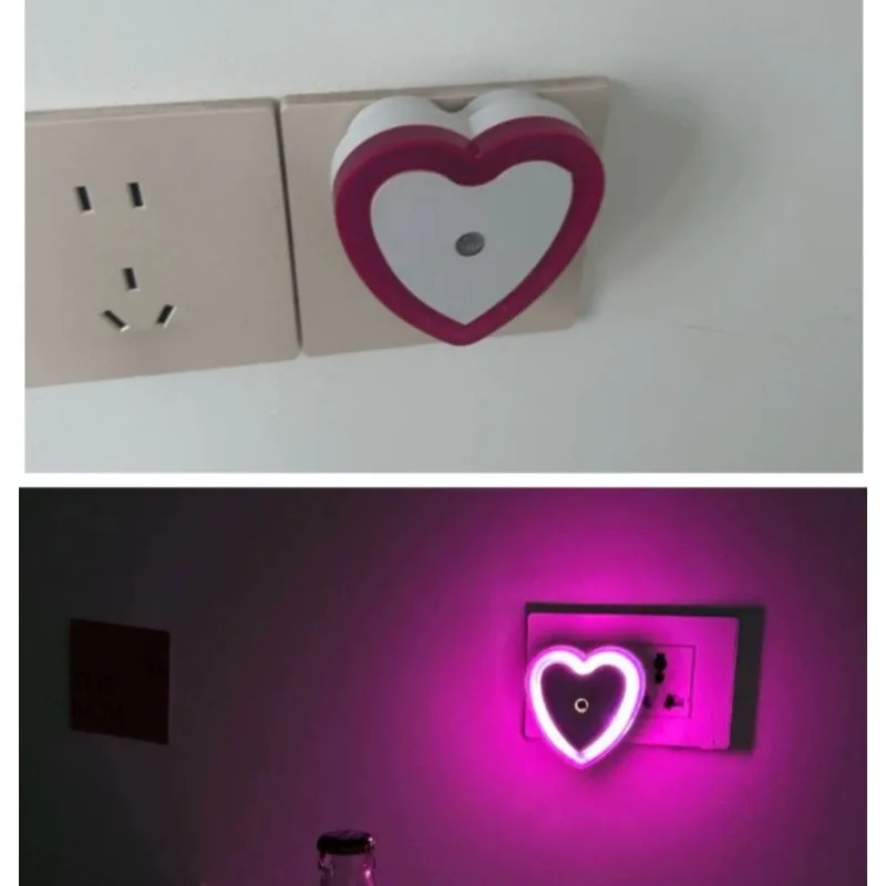 2pcs Heart Shape LED Night Light Light Sensor Wall Plug Lamp Romantic Atmosphere Light For Bedroom Bedside Decor