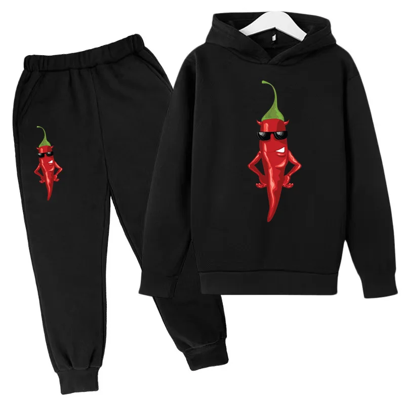 Boys and Girls '2-Piece Cartoon Hoodie e calças conjunto, moletom, Jumper, terno casual, topo, bonito, engraçado, pimenta impressão, crianças, criança, 3-12Y