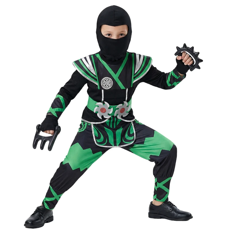 Japanese Ninja Costume Set for Children Green Samurai Dress Up with 9 Piece Toy Gift Halloween Cosplay Boy/Girl Holiday Costume view 3