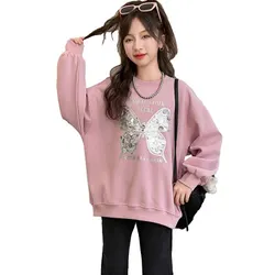 New Autumn Kids Butterfly Sweatshirt for Girls Fashion Pullover Coat Baby Sequin Sweatshirts for Girls 5 6 7 8 9 10 11 12 13 14Y