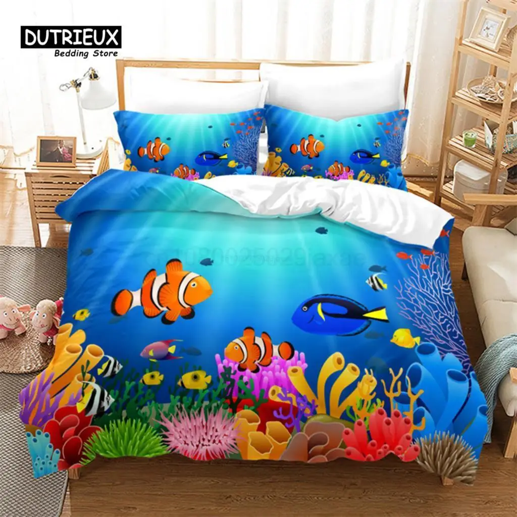 Kids Cartoon Ocean Fish Duvet Cover Microfiber Marine Theme Bedding Set Sea Underwater World Quilt Cover Queen For Boys Girls