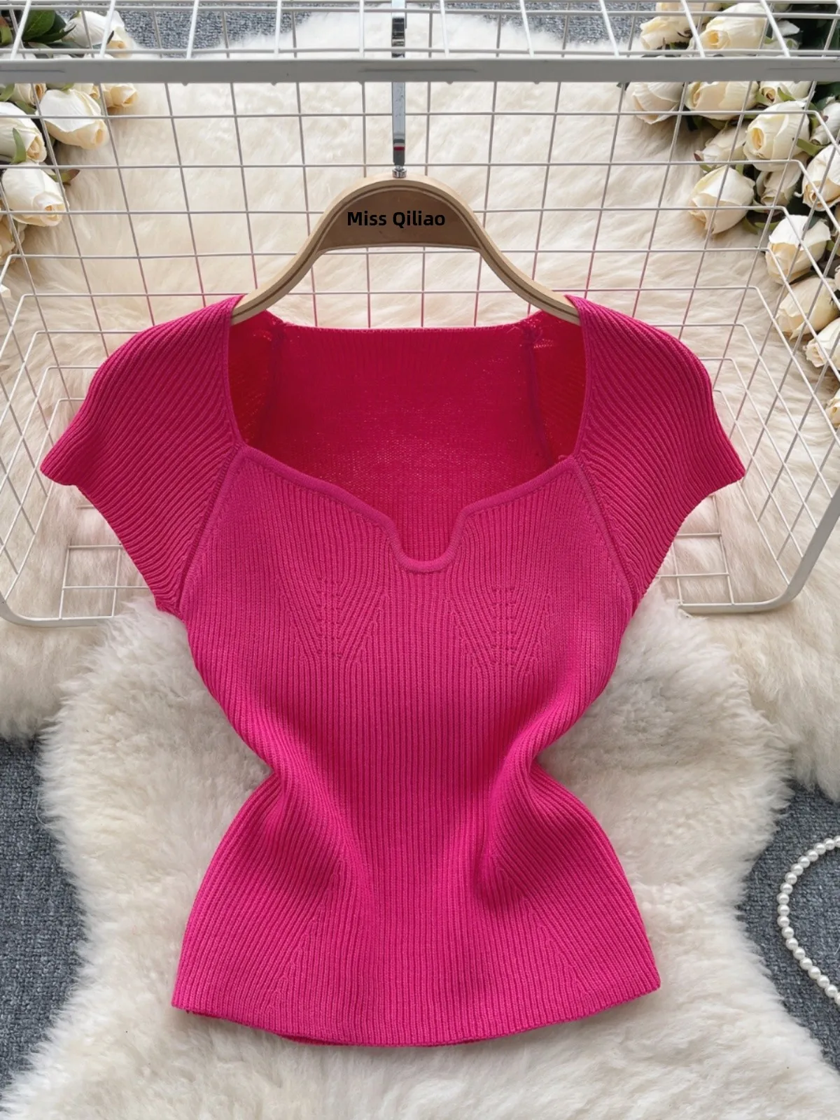

Knitted Color Square Collar ort Sve T-irt Women's Summer Slimming Trendy Top Commute Sle Korean Version