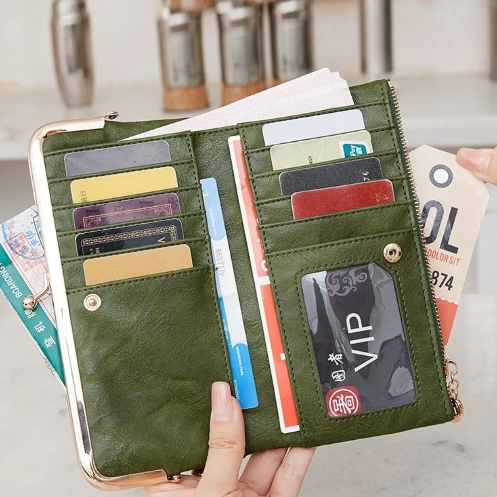 Vintage Kiss Lock Long Wallet Multi Functional Double Fold Card Holder Solid Color Large Capacity Wallet Women