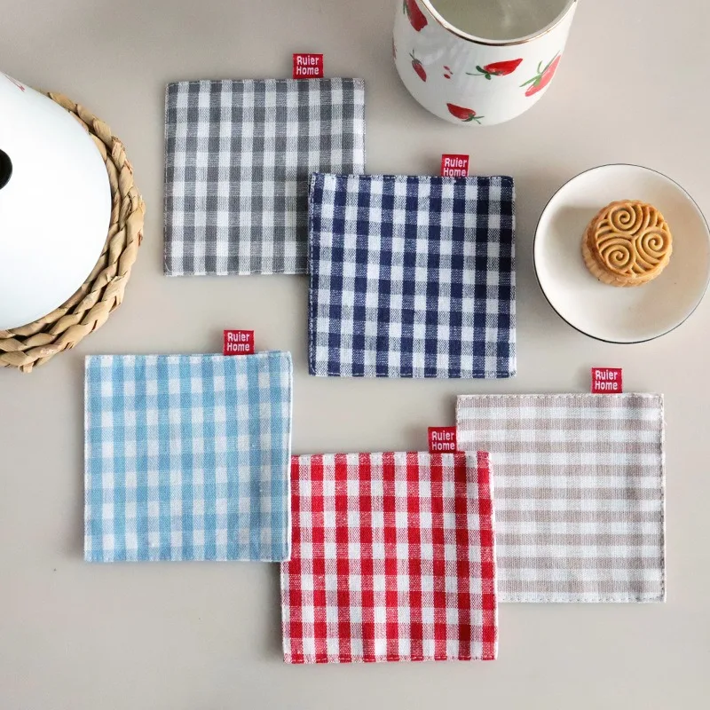 1Pc Plaid Cotton Coaster Placemat Double Layer Checkered Tea Cup Pads Square Insulation Pad Japanese Style Kitchen Tool