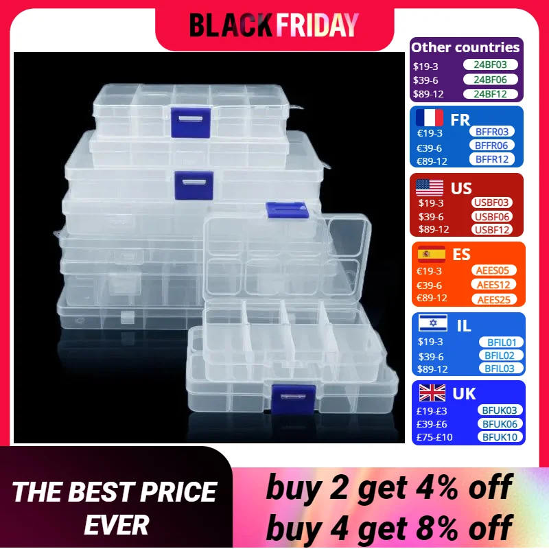 Plastic Jewelry Box 10/15/24 Compartment Slot Organizer Storage Beads Container Adjustable Jewelry Storage Box Rectangle Case