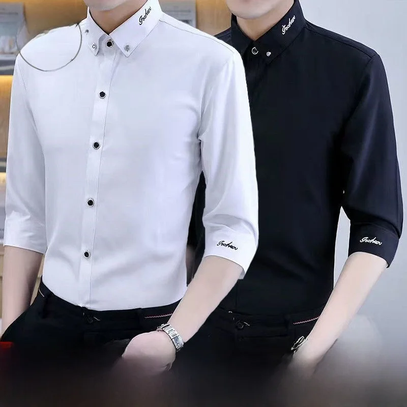 Summer Thin Regular Fit Korean Style Ice Silk Casual Shirt Men's Five Sleeve Business Gentleman Pure Color No Ironing Required