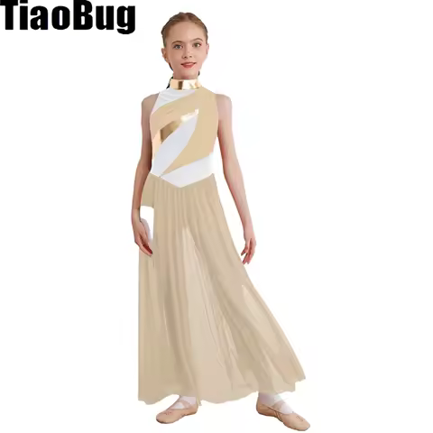 Girls Modern Contemporary Dancewear Mock Neck Sleeveless Mesh Overlay Bodice Side Split Gymnastics Ballet Lyrical Dance Dress