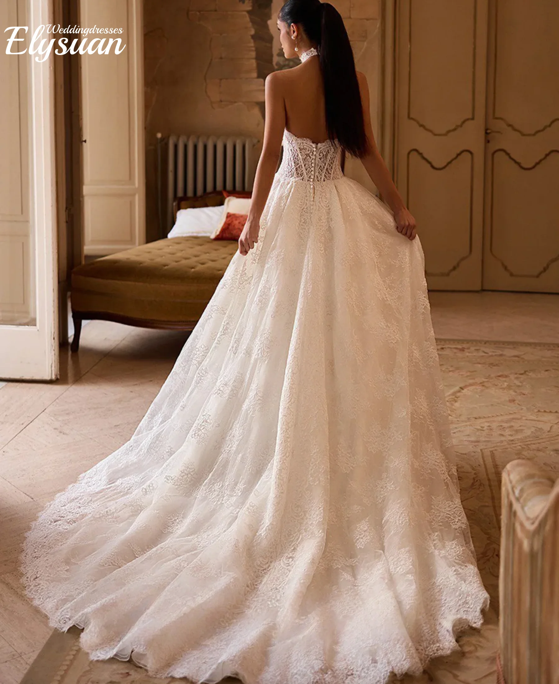 فستان زفاف دانتيل رسن مخصص بدون أكمام مفتوح الظهر سويب تراين فستان زفاف للمرأة العروس فيستدوس دي نوفيا