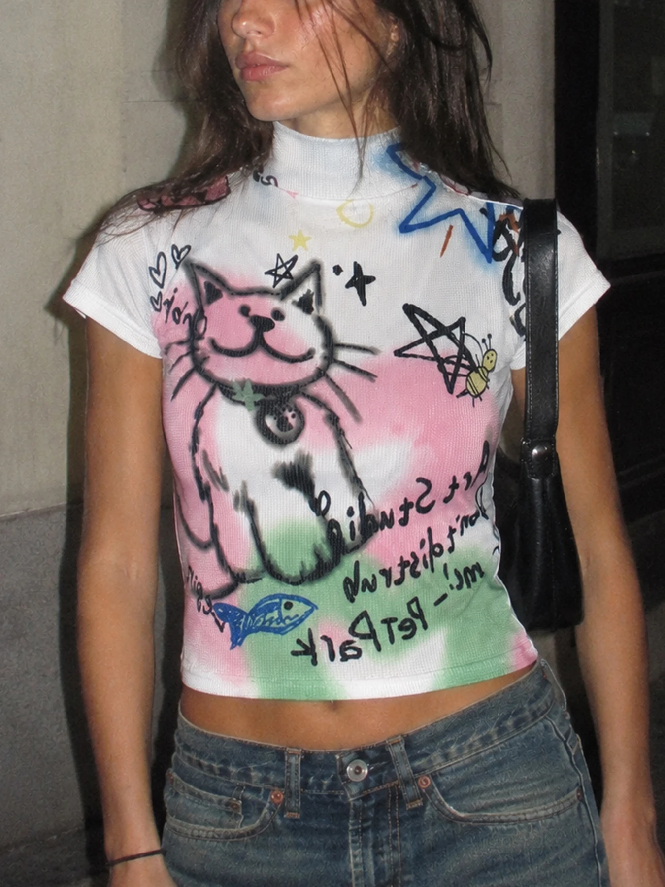 Y2K Millennium Grid Texture Half High Neck Crop Tee Hand Drawn Cartoon Kitten Heart Star Graffiti Letter Fitted Layering Shirt