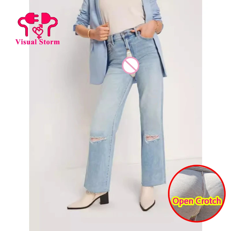 Woman Open Crotch Ripped Jeans Shorts Pants Hidden Zippers Blue Straight Ankle-Length Pants Crotchless Leggings Fit Trousers