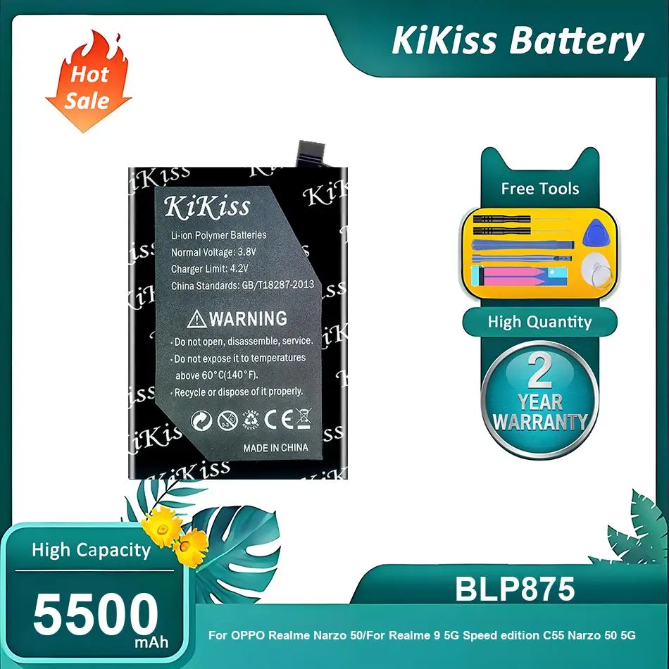 

KiKiss Battery For OPPO Realme Narzo 50/Realme 9 5G Speed edition/Realme C55/Realme Narzo 50 5G,BLP875,5500mAh