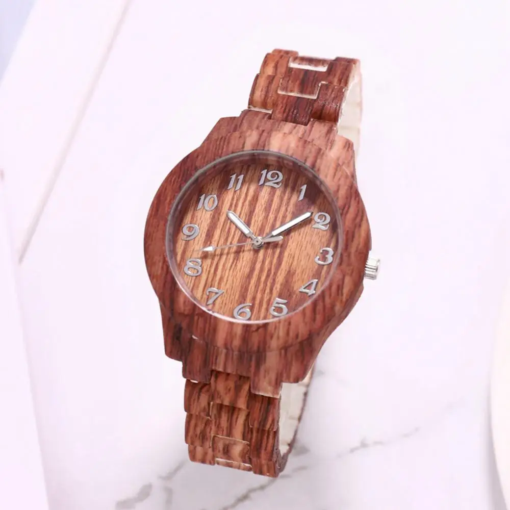 

Women Wooden Grain Round Dial Arabic Number Resin Band Analog Quartz Wrist Watch