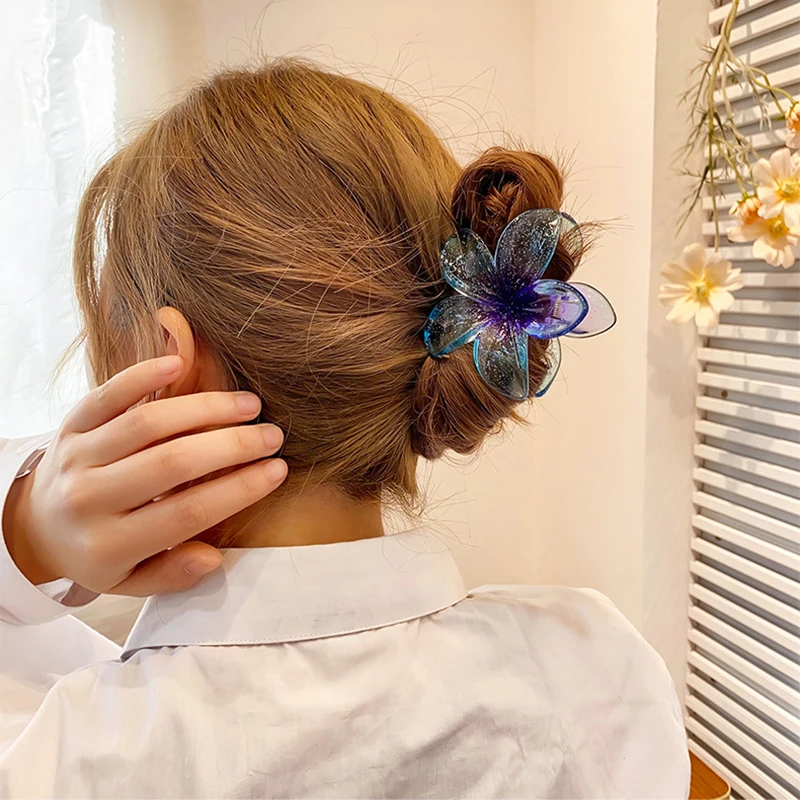 New Fashion Sparkling Flower Claw Clip for Women Transparent Sweet Ponytail Shark Clip Versatile Girl Hair Accessories