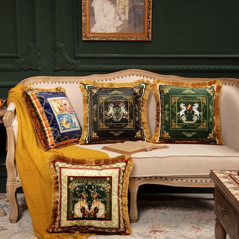 Luxury American Style Cushion Cover Double Sided Dark Green Print Velvet Tassel Pillowcase For Sofa Living Room