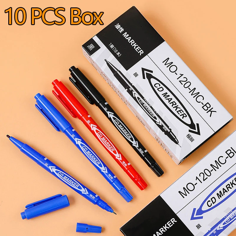 10pcs Wholesale Twin Tip Permanent Marker Pen Fine Point Waterproof Ink Thin Nib Crude Nib Black/Blue/Red Ink 0.5-1mm Fine Color