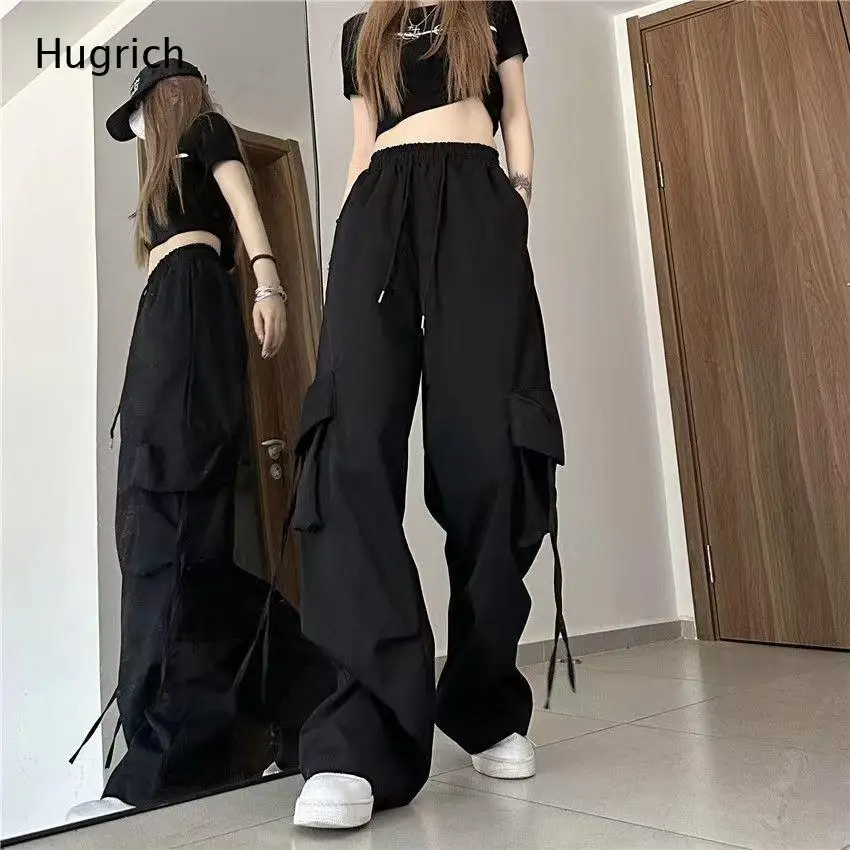 High Waist Drawstring Cargo Pants Women's Elastic Waist Wide Leg Trousers with Multiple Pockets and Straps