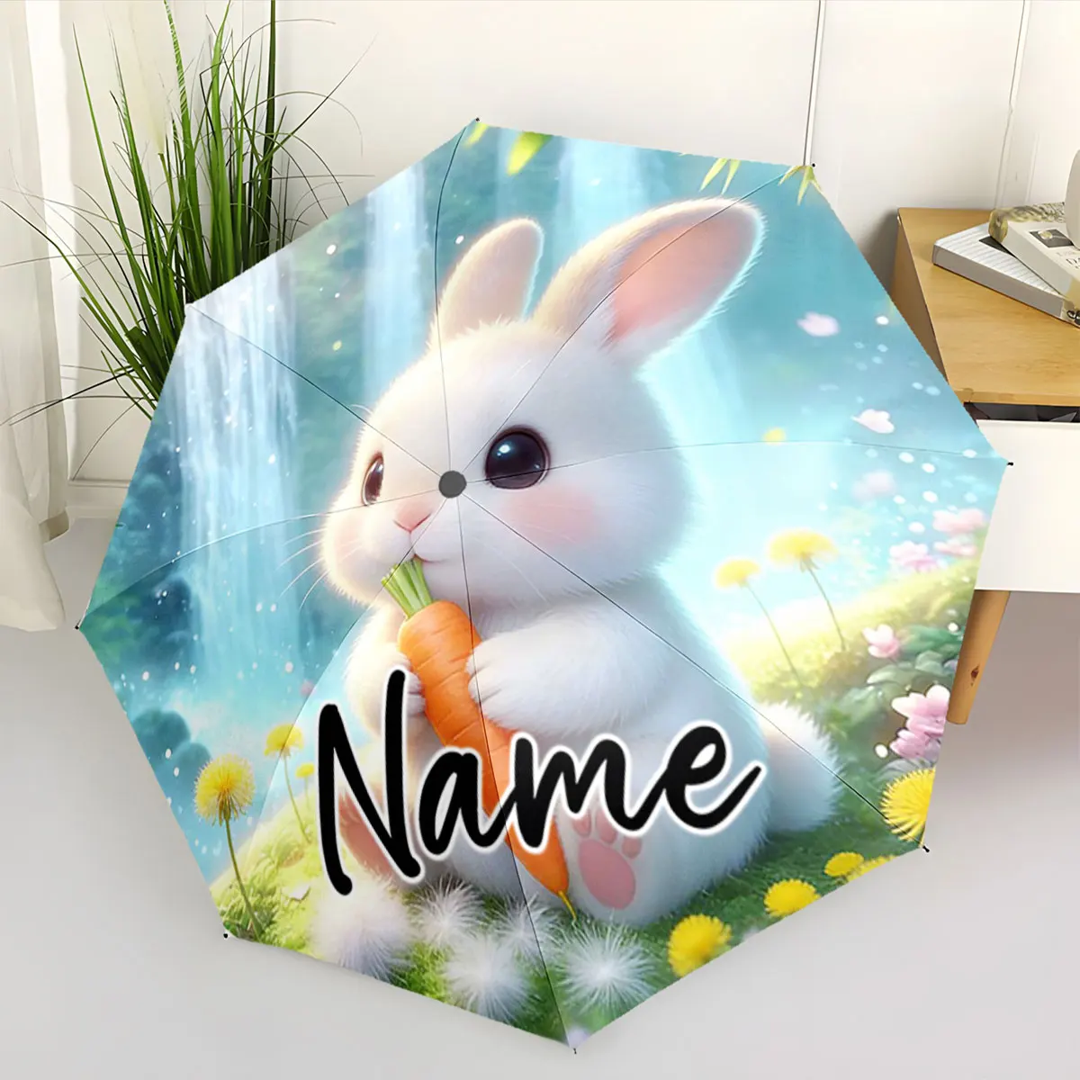 Custom Name Adorable Bunny Printed Umbrella with Carrot Print 8 Iron Ribs Folding Umbrella Auto-Open Fashion Sunshade