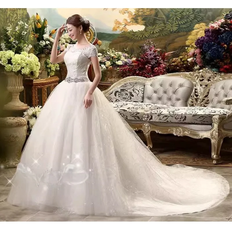 It's Yiiya Wedding Dresses White Cheap O-neck Short Sleeves Crystal Lace up Princess Floor-length Plus size Trailing Bride Gowns