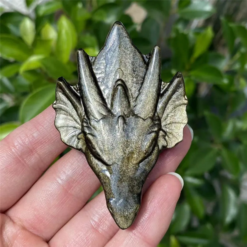 

Natural Gold Obsidian Crystal Dragon Skull Mineral Ornaments Hand Carved Energy Healing Stone Reiki Home Decoration Crafts Gift