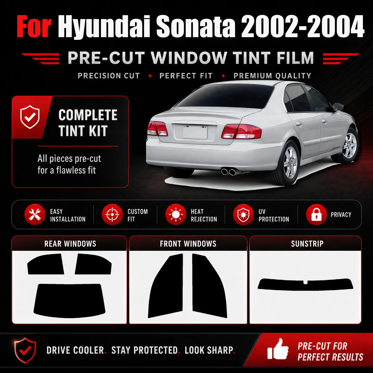 For Hyundai Sonata 2002-2004 Precut Auto Window Tint Kit RAVOOY High Clarity Ceramic UV Protection