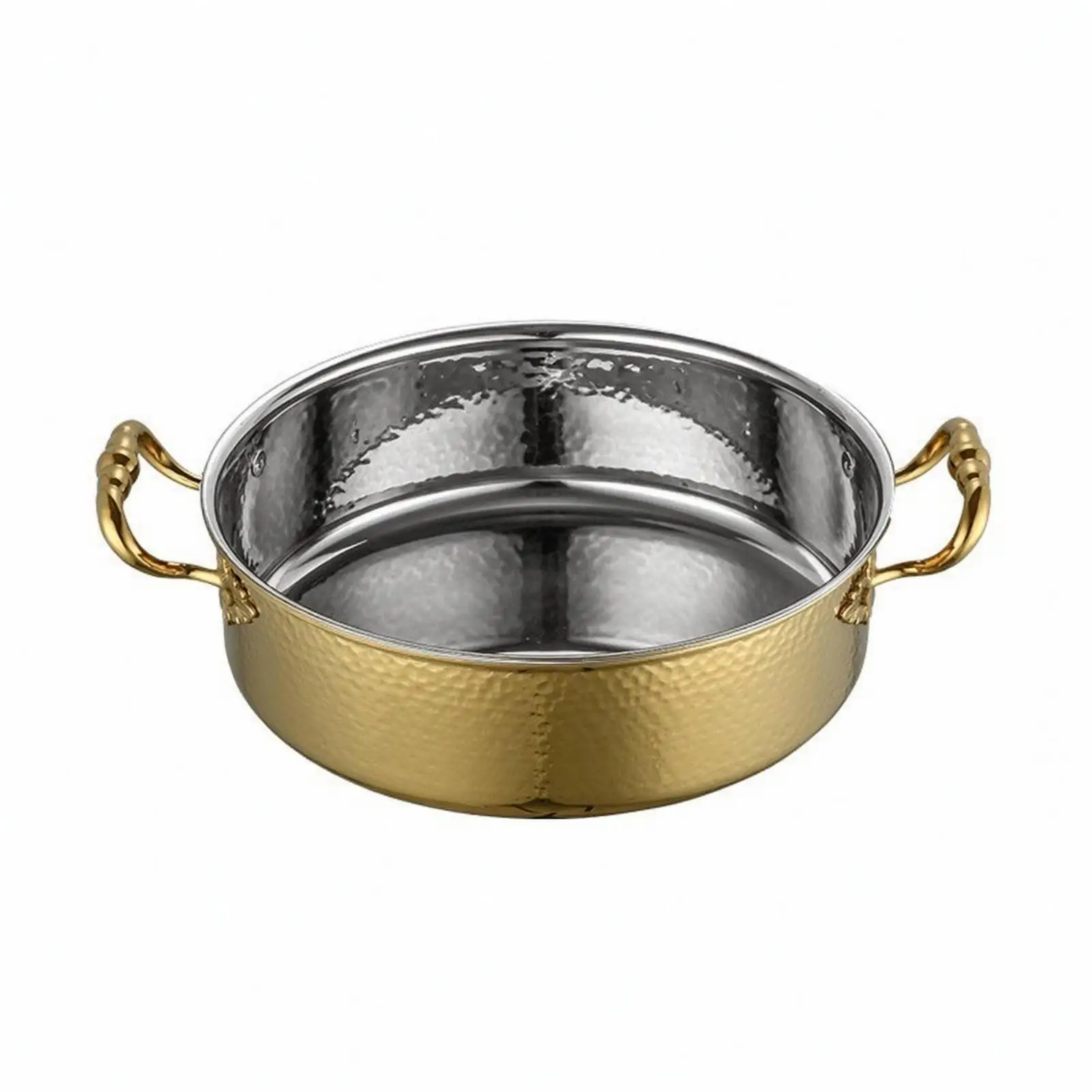 Stainless Steel Cookware with Gold Hammered Finish and Protective Handles for Hot Pot Meals and Social Dining Events