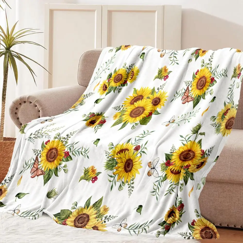 Sunny Sunflower Blanket Botanical Flower Pattern Throw Couch Cover Summer Garden Plush Blankets Living Room Sofa Bedding