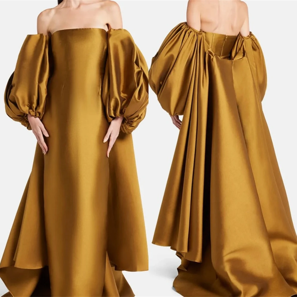 

Customized High Quality golden Satin Evening Dress Exquisite Strapless Puff Sleeves Long Sleeves Special Occasion Gowns